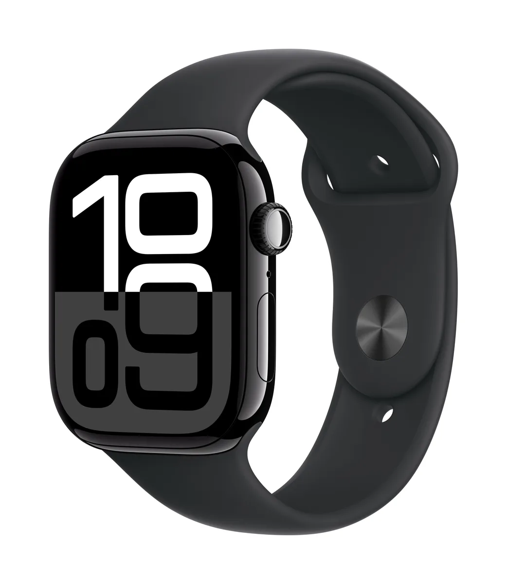 Apple Watch Series 10 GPS (46mm Aluminium) · Jet Black / Black Sport Band (M/L)