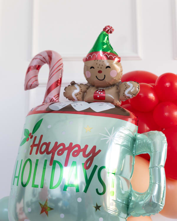 Happy Holidays cocoa mug balloon in Pittsburgh by Party on Butler