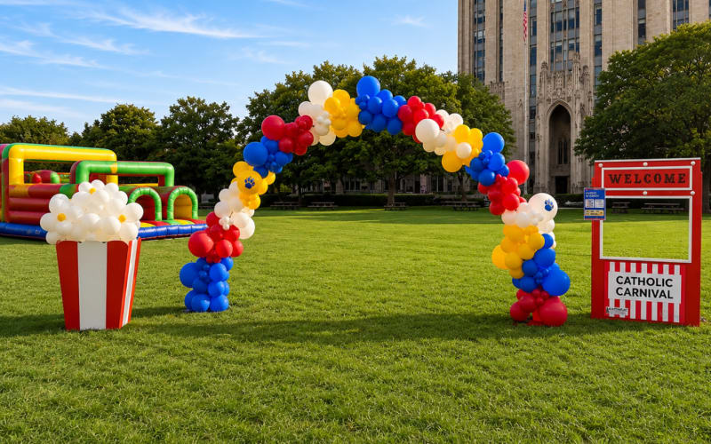 Balloon arch installed on the lawn for a Pittsburgh carnival by Party on Butler