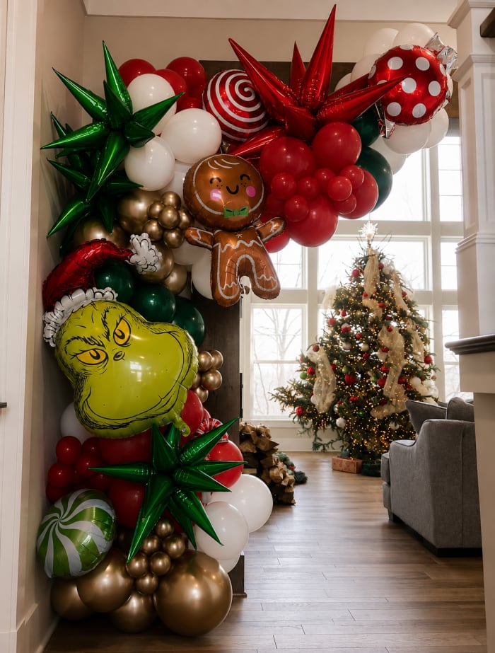 Christmas balloon garland framing a doorway in Pittsburgh by Party on Butler