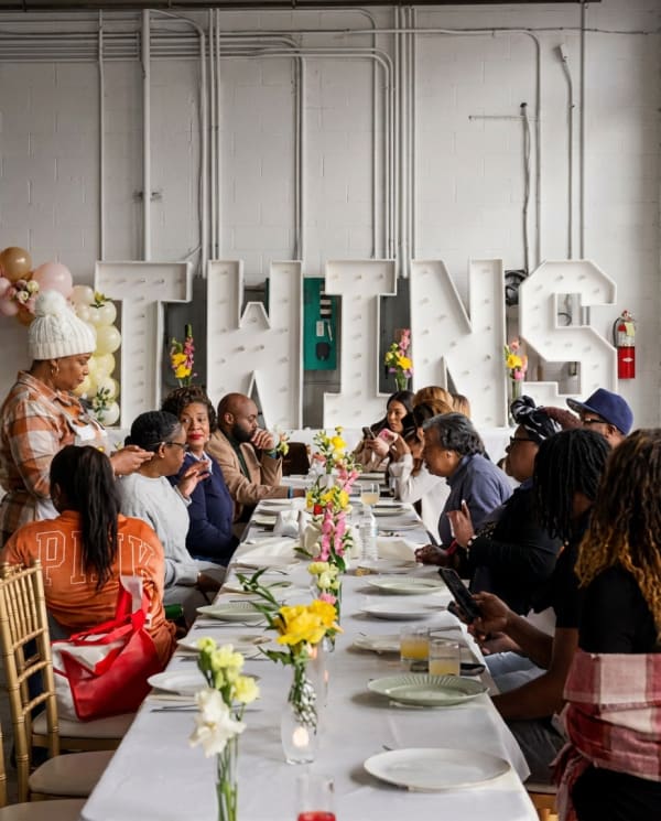 Dining setup at a private event inside the Party on Butler Pittsburgh event space