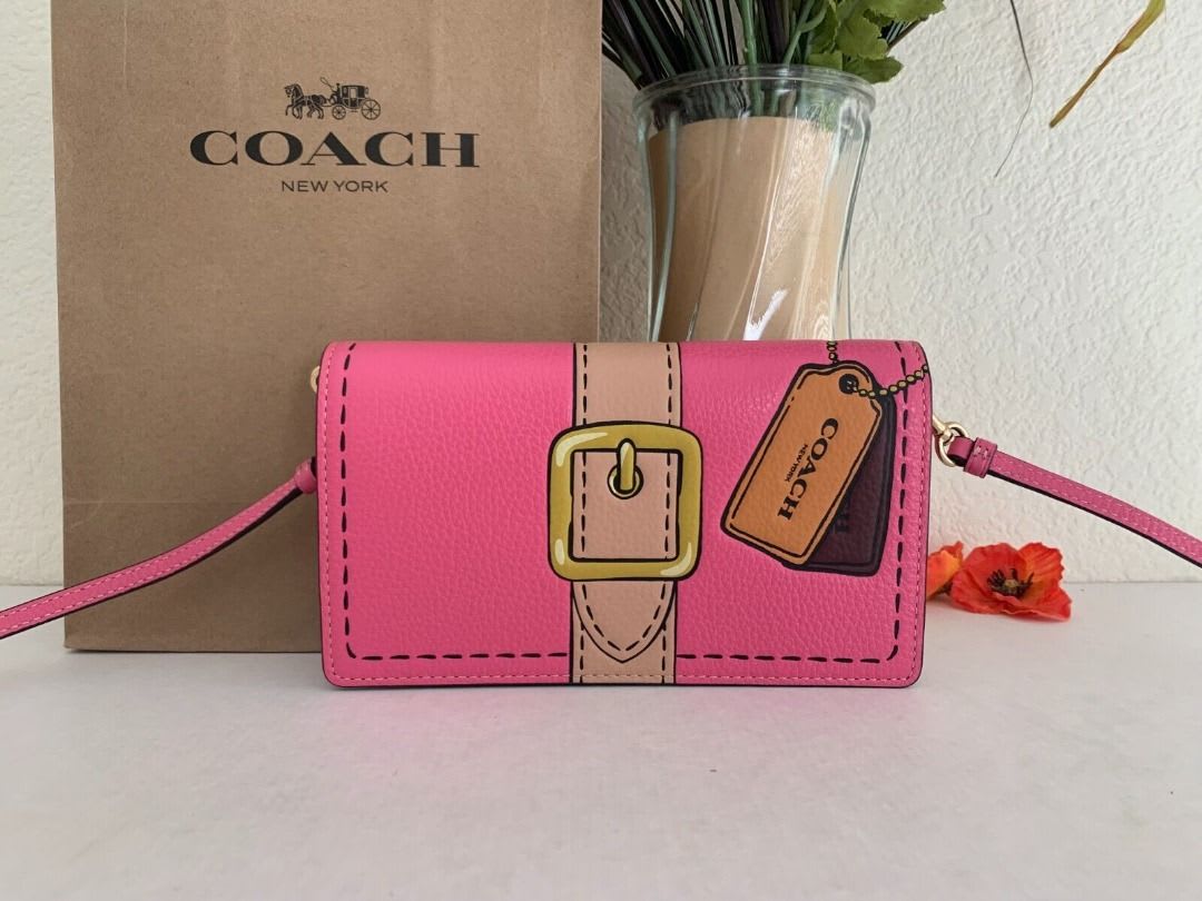 Coach CH181 Anna Fold over Clutch Crossbody Petunia Pink Trompe L'oeil Print