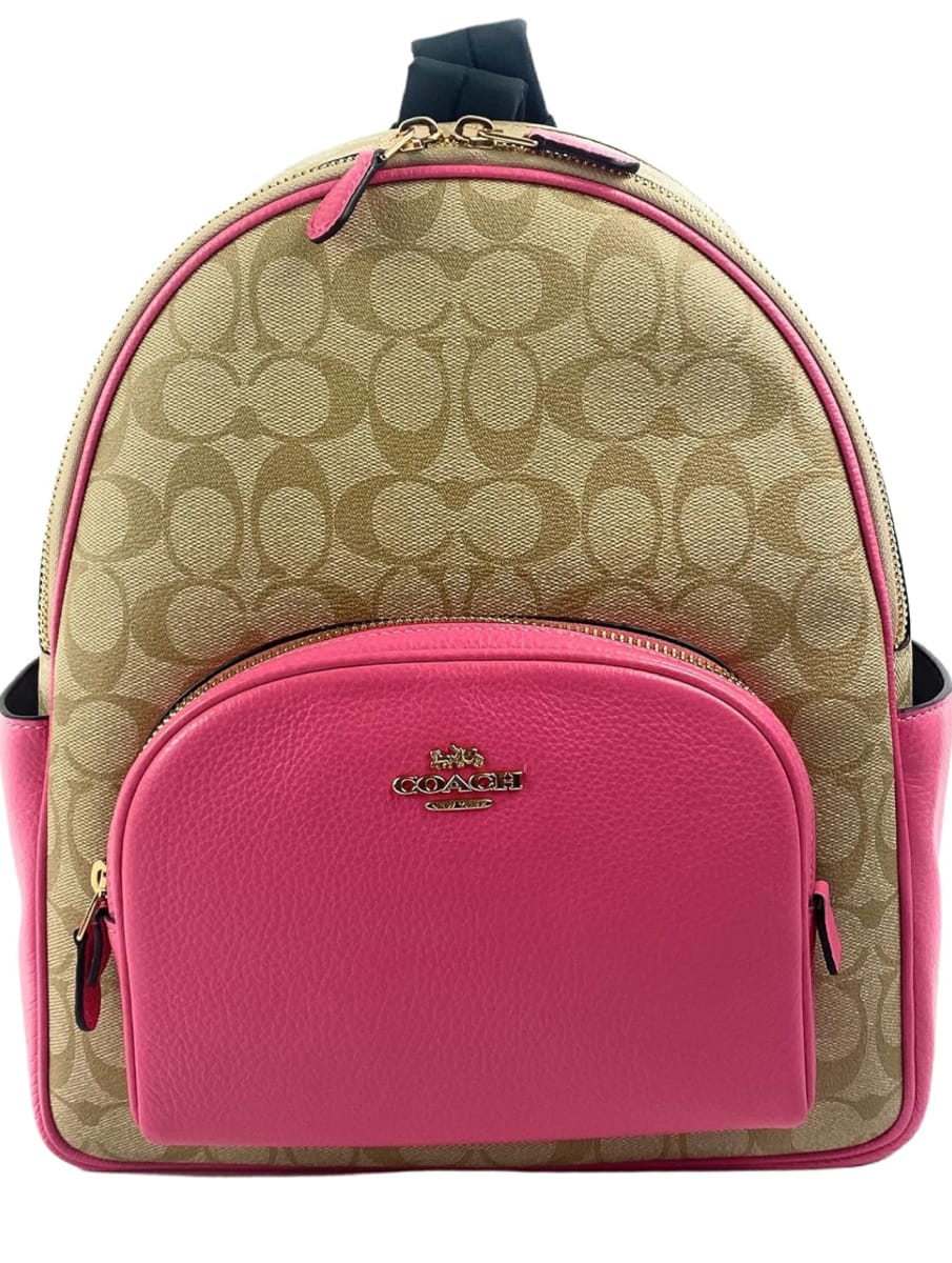 COACH Court Backpack in Signature Canvas in Light Khaki/Petunia, Light Khaki/Petunia, Medium, Court Medium Backpack