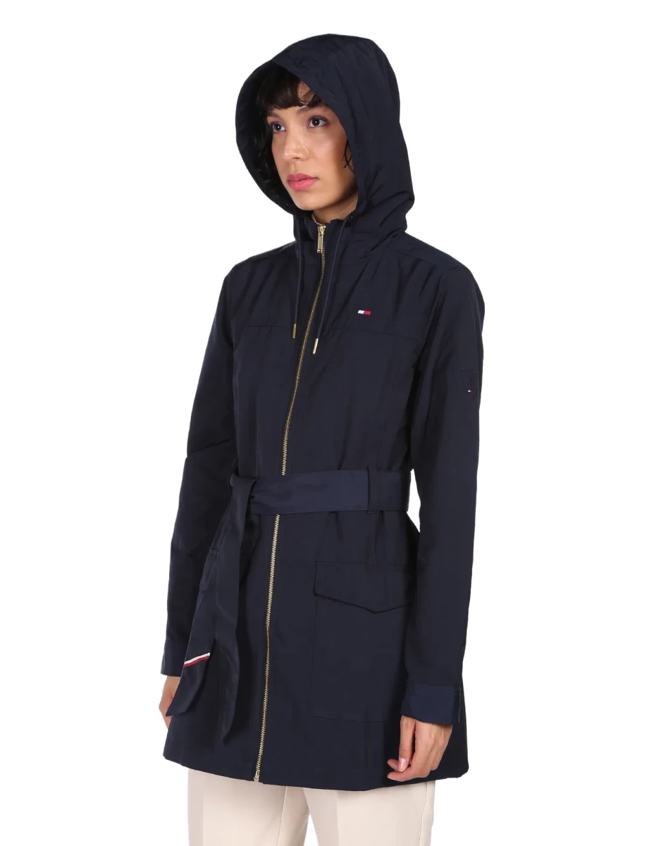 Tommy Hilfiger Women's Essential Solid Belted Hooded Jacket Masters Navy - XXS
