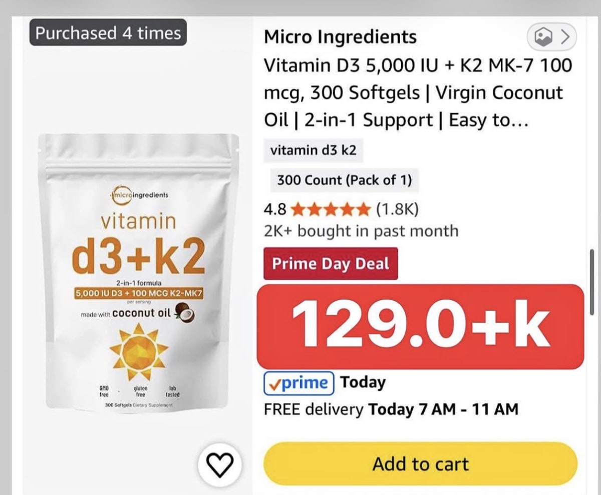 Micro Ingredients Vitamin D3 5,000 IU + K2 MK-7 100 mcg, 300 Softgels | Virgin Coconut Oil | 2-in-1 Support