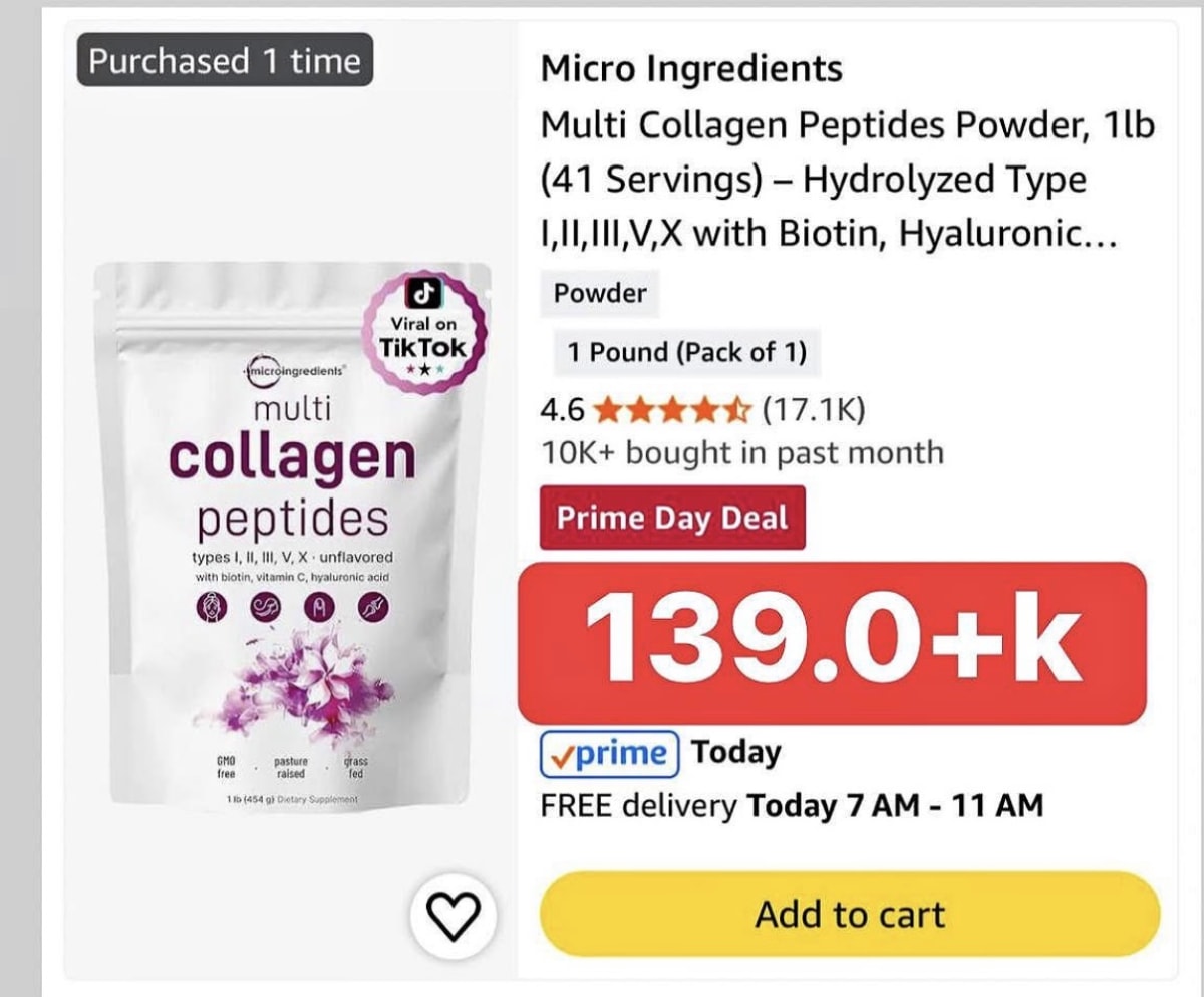 Micro Ingredients Multi Collagen Peptides Powder, 1lb (41 Servings) - Hydrolyzed Type 1,11, III, V,X with Biotin,