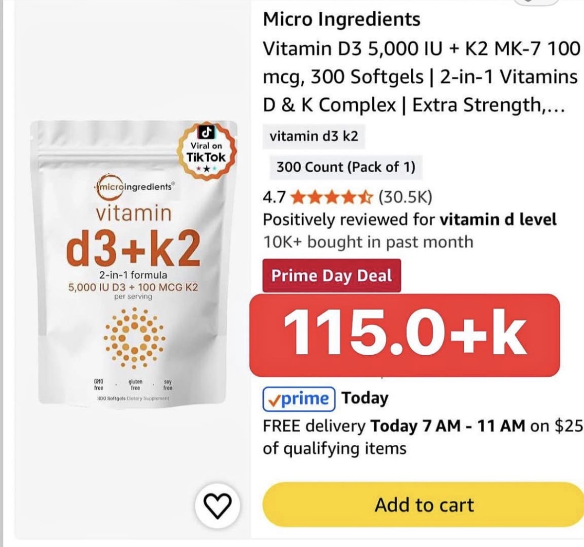 Micro Ingredients Vitamin D3 5,000 IU + K2 MK-7 100 mcg, 300 Softgels | 2-in-1 Vitamins D & K Complex | Extra Strength,...