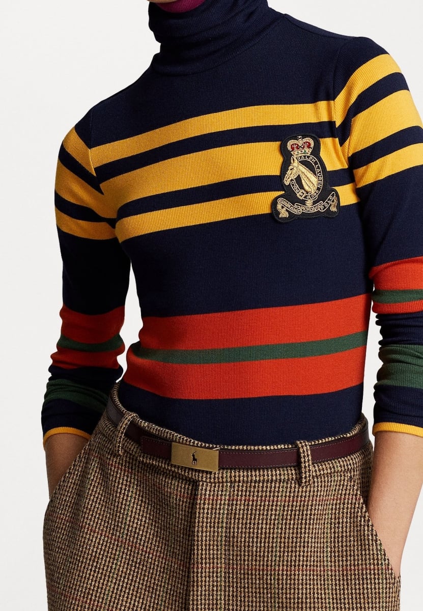 Striped Crest-Patch Roll Neck sweater