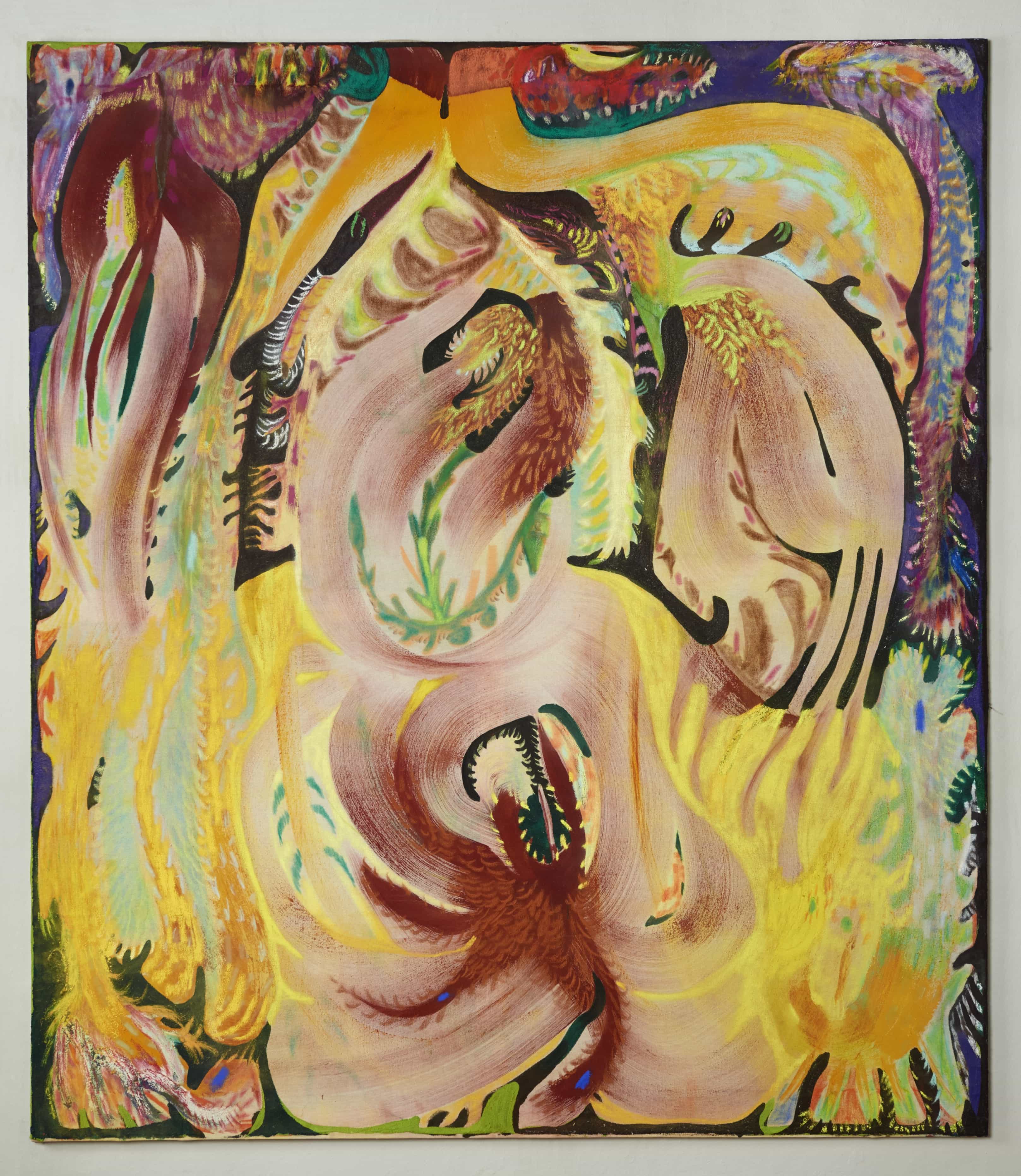 Melania Toma, About Eggs and Soil (Hatching), 2024, Oil paint, charcoal, sand, pigments, acrylics, graphite, ink, pastels on canvas, 155 x 135 cm