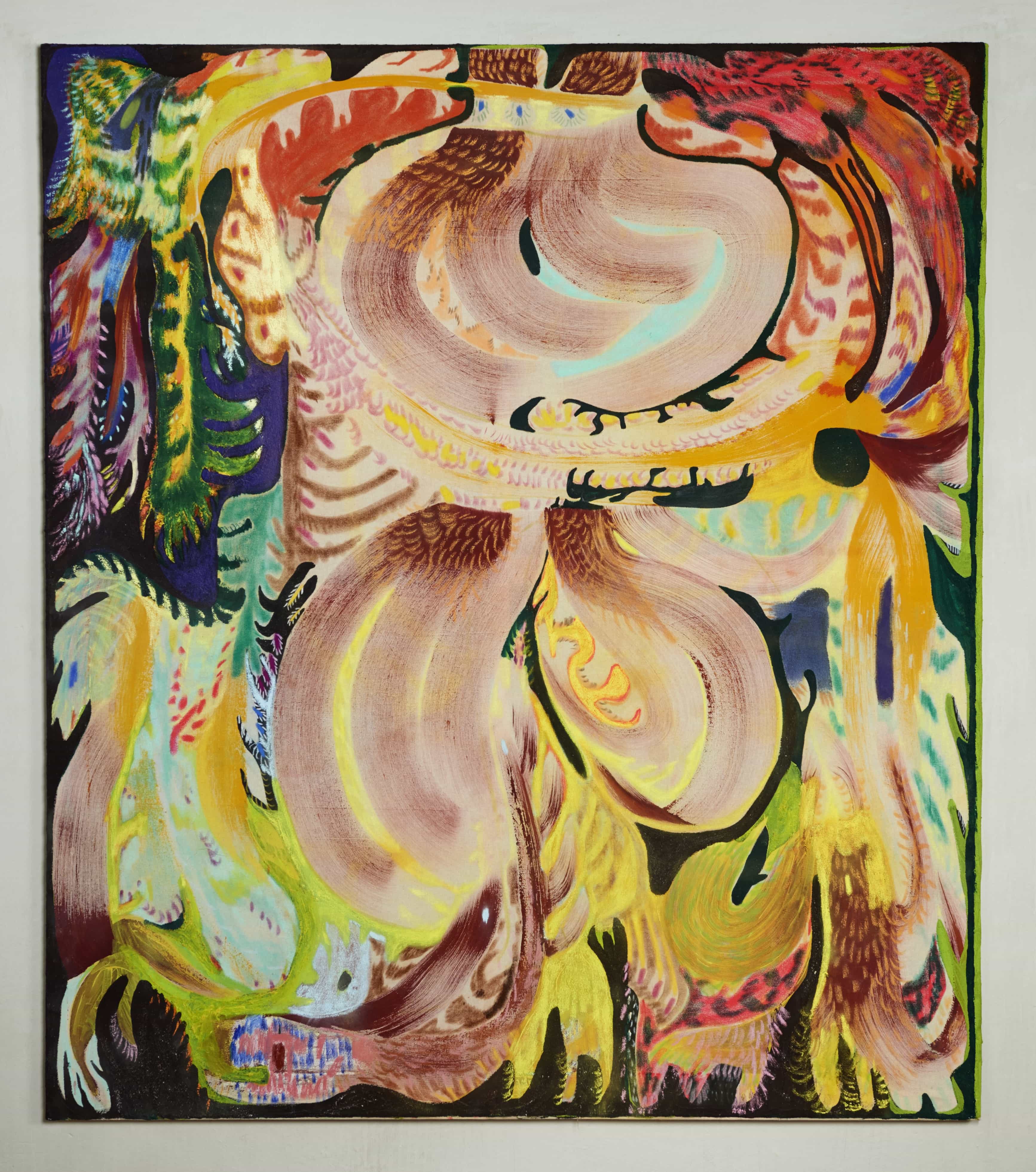 Melania Toma, About Eggs and Soil (Cocoon Burial), 2024, Oil paint, charcoal, sand, pigments, acrylics, graphite, ink, pastels on canvas, 155 x 135 cm