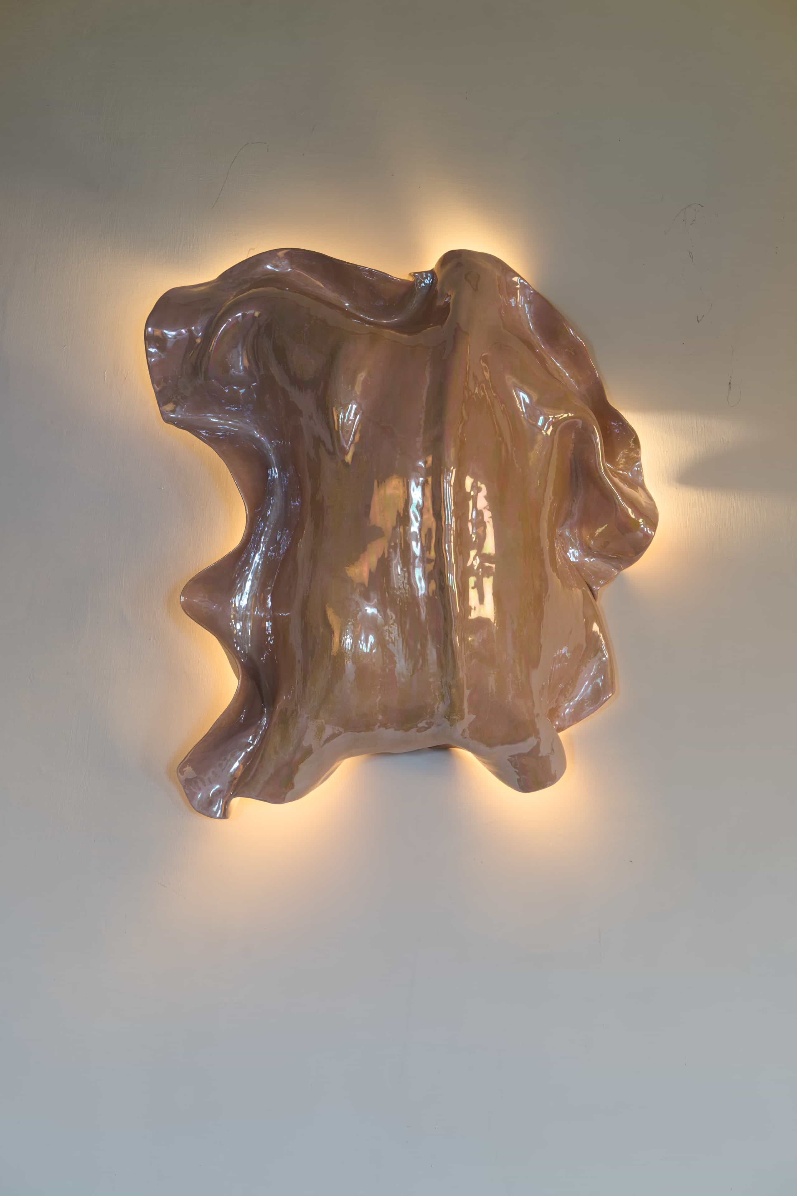 Magda von Hanau, Frisson 1, 2026, Clay, glass glace & mother of pearl luster, 68 x 58 x 20 cm