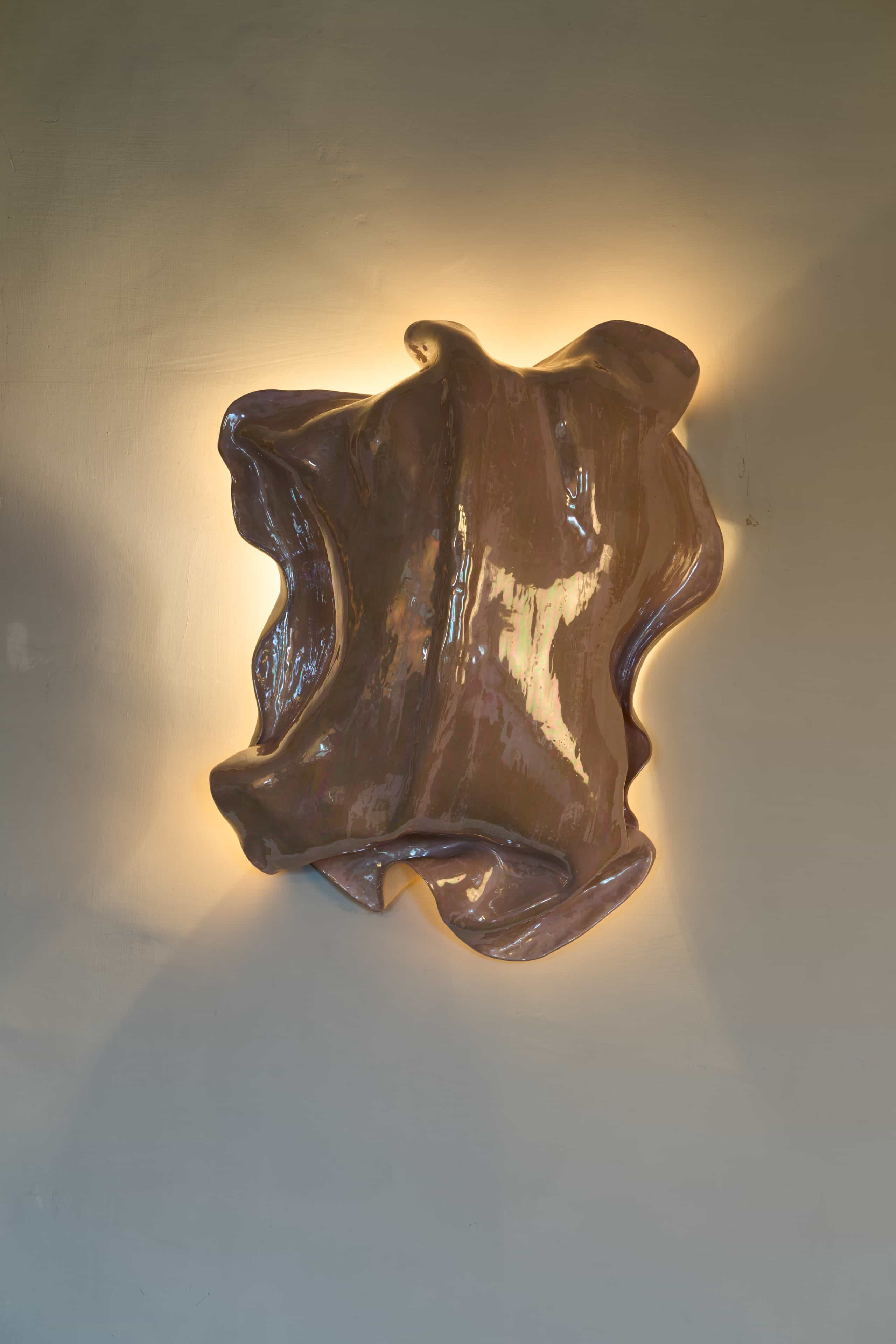 Magda von Hanau, Frisson 2, 2026, Clay, glass glace & mother of pearl luster, 68 x 58 x 20 cm