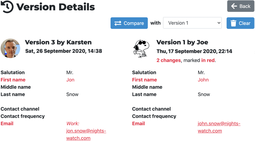 Audit log compares two versions of customer data