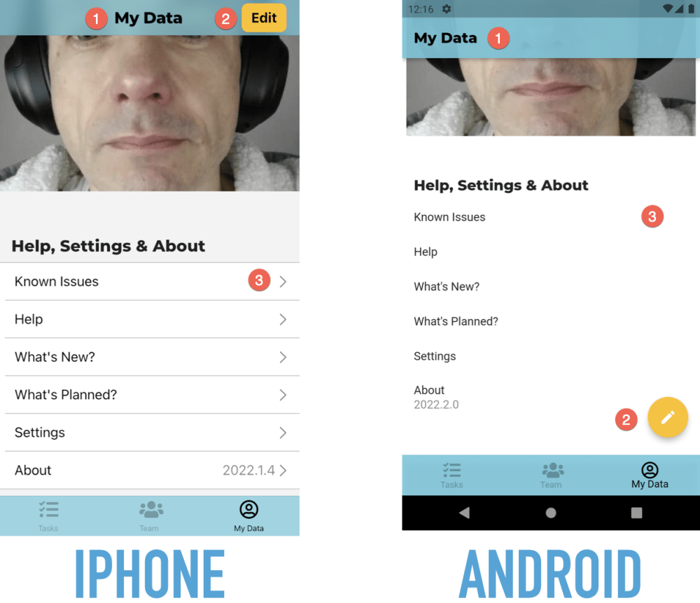 'My Data' page on iOS & Android