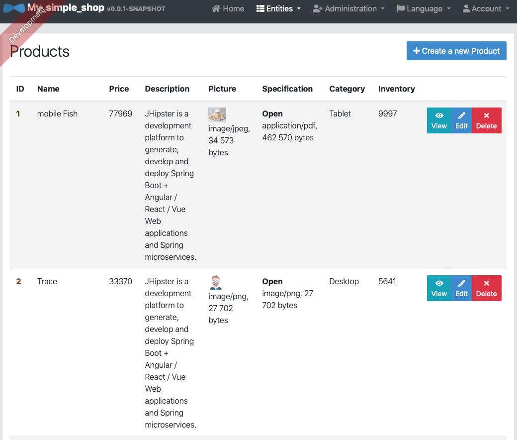 Product overview page