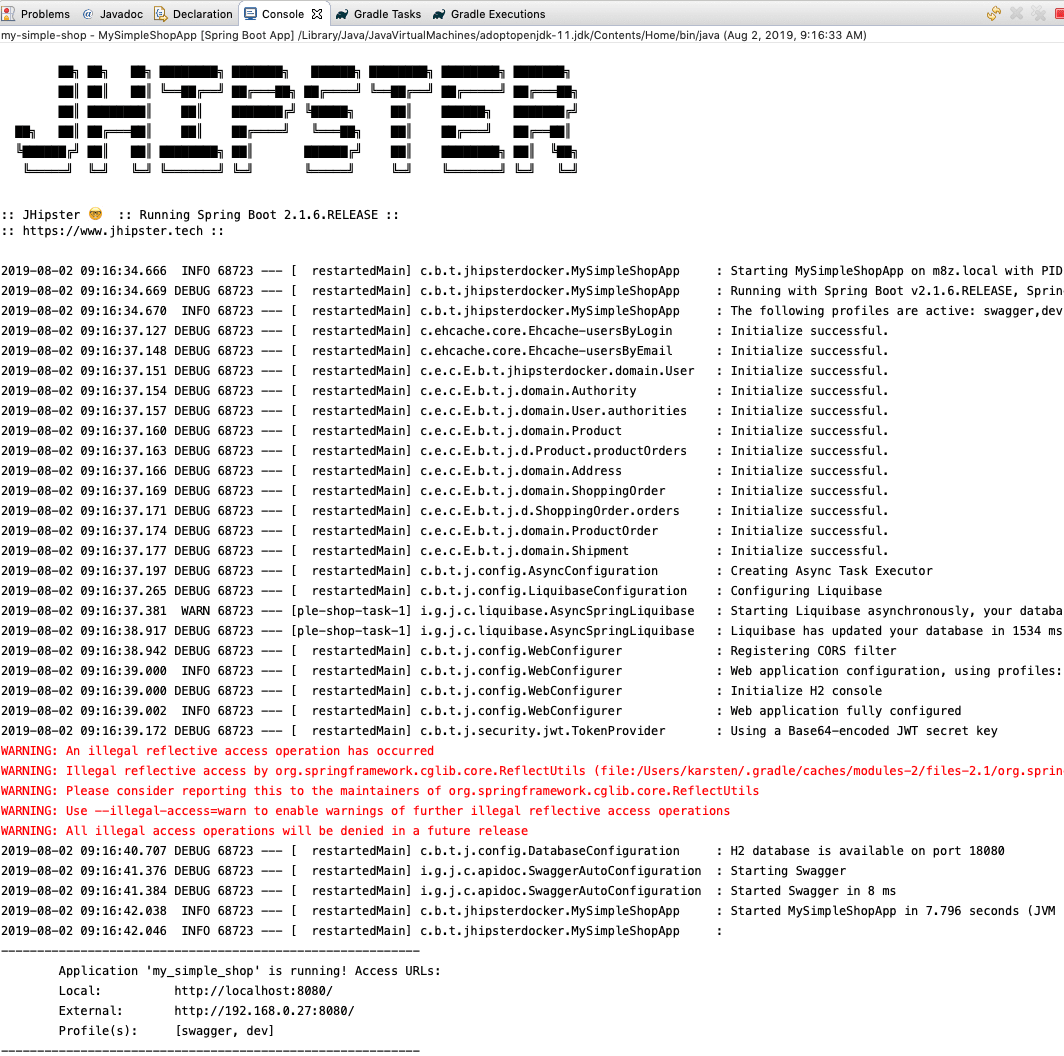 Console output of running tutorial project