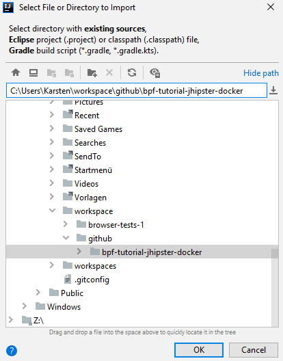 Selecting the project directory for import into IntelliJ