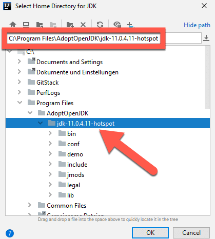 Selecting the JDK directory in Windows
