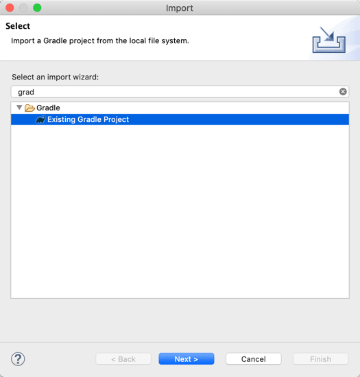 Starting the import of an existing Gradle project in Eclipse