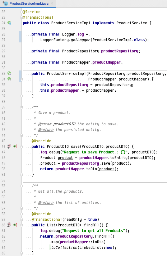 Product business service implementation in Java