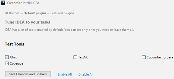 Recommended test tools in the initial IntelliJ launch