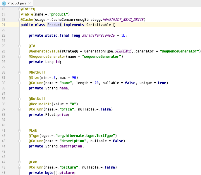 Product JPA entity in Java