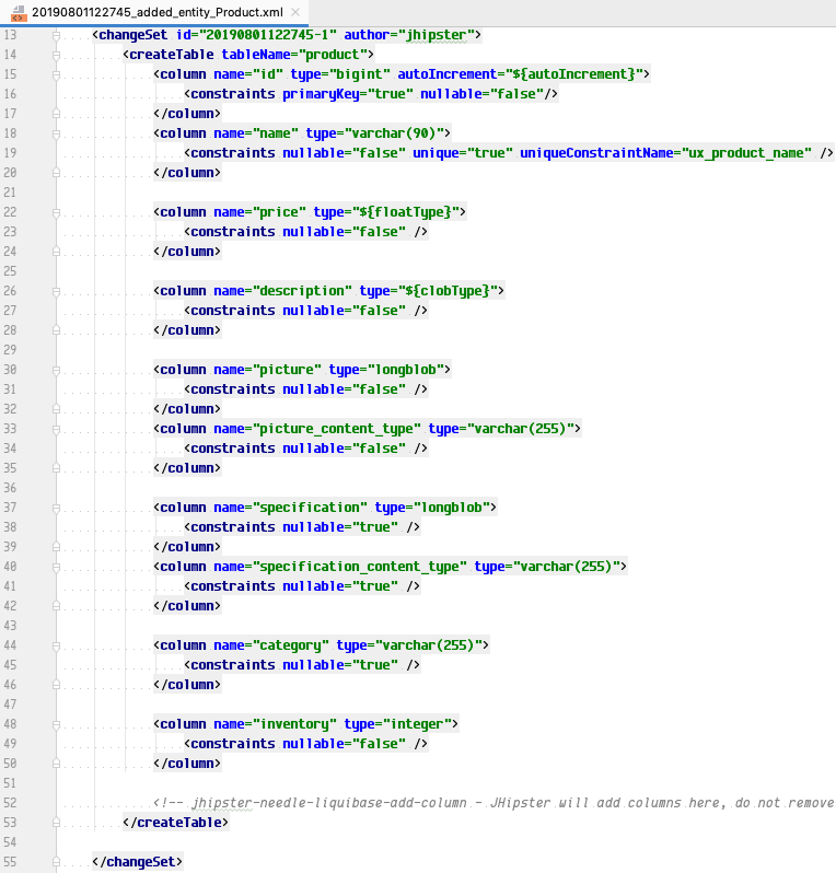 Product database table in Liquibase in Java