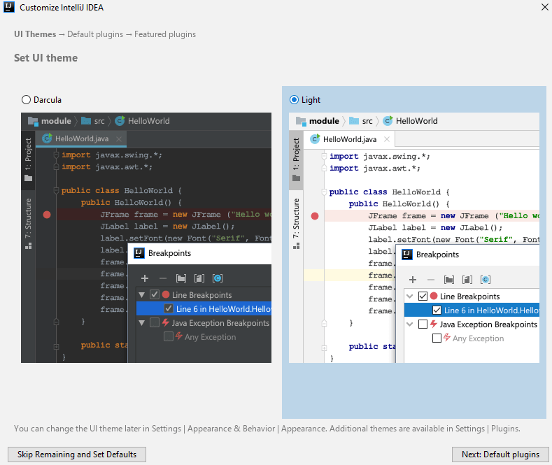 UI theme picker in the initial IntelliJ launch