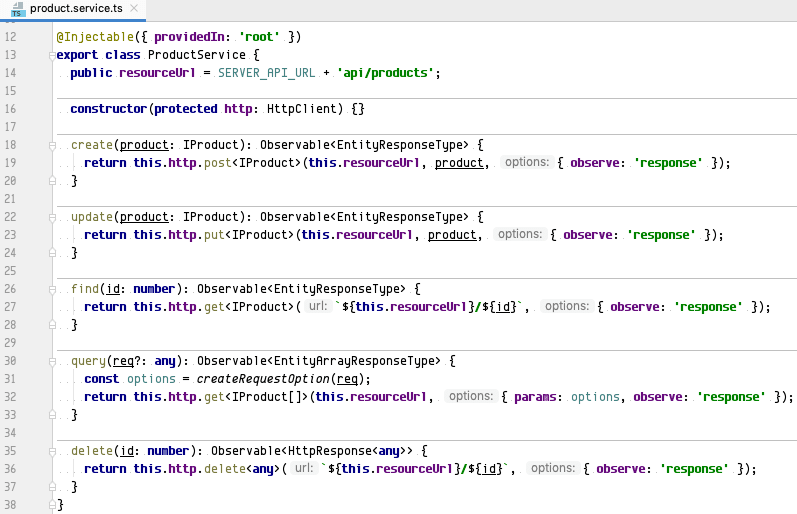 Product service class in Angular