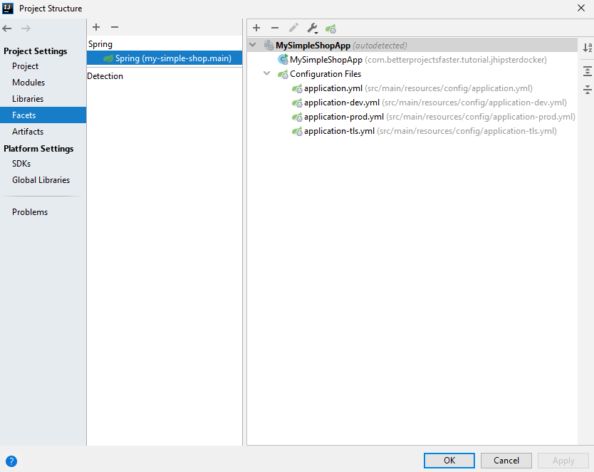 Checking the Spring Facet in the IntelliJ project settings