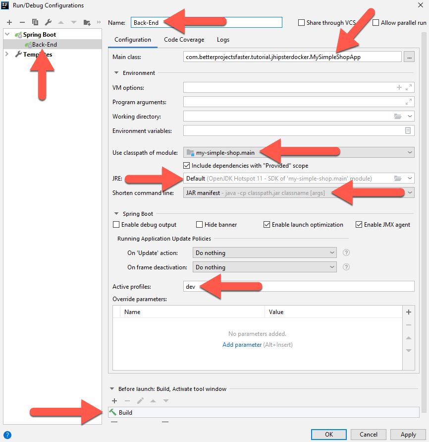 Recommended changes in the run configuration in IntelliJ