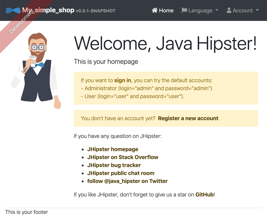 The JHipster application running for the first time