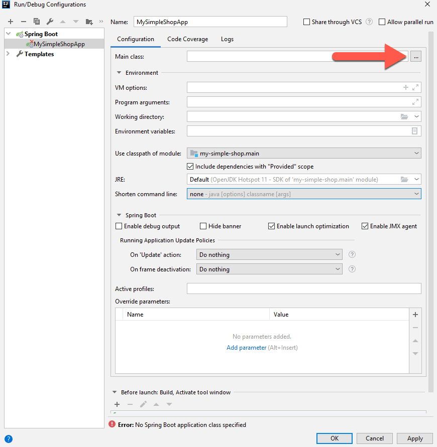 Main class selection button in run configuration in IntelliJ