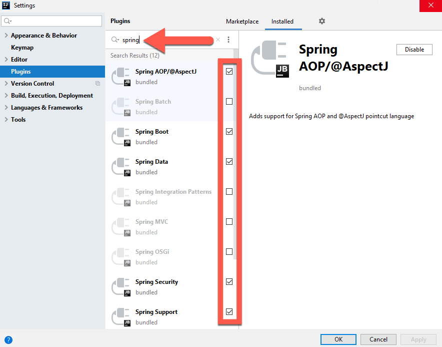 Selecting the spring plug-ins IntelliJ, part 1