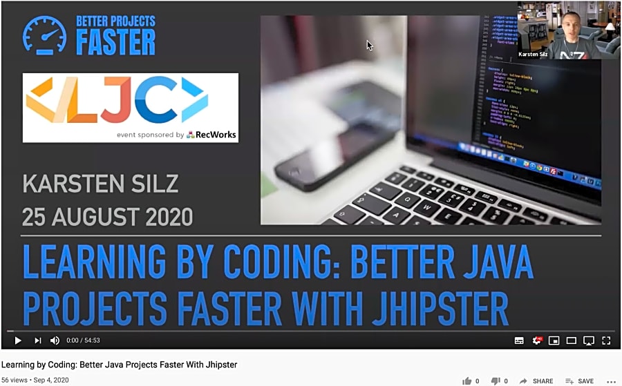 YouTube page for Learning by Coding: Better Java Projects Faster With Jhipster