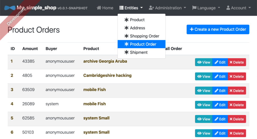 The product orders overview table