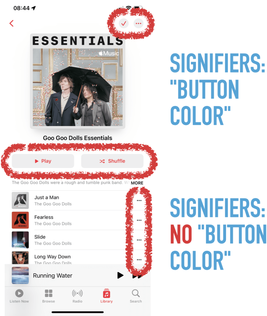 Button signifiers in Apple Music