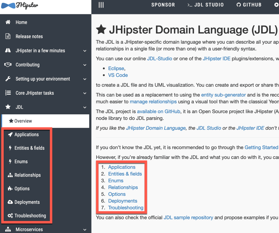 JDL Sections on the JHipster Site