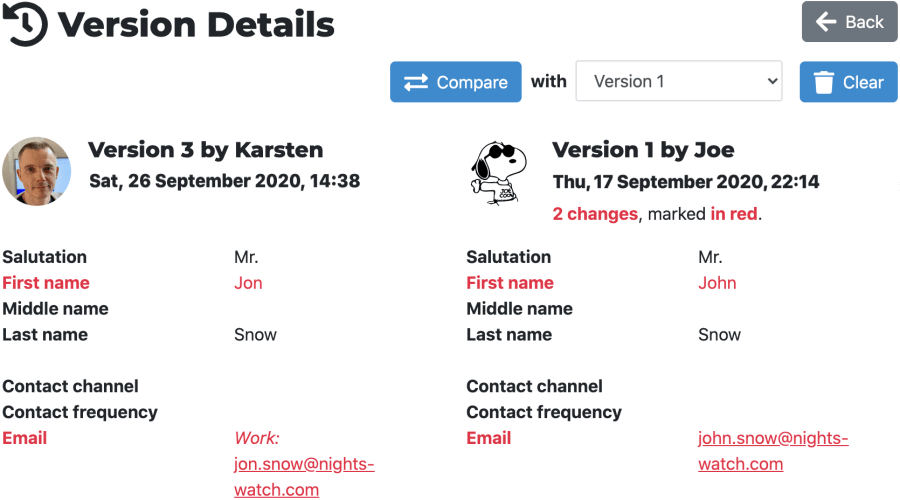 Audit log compares two versions of customer data