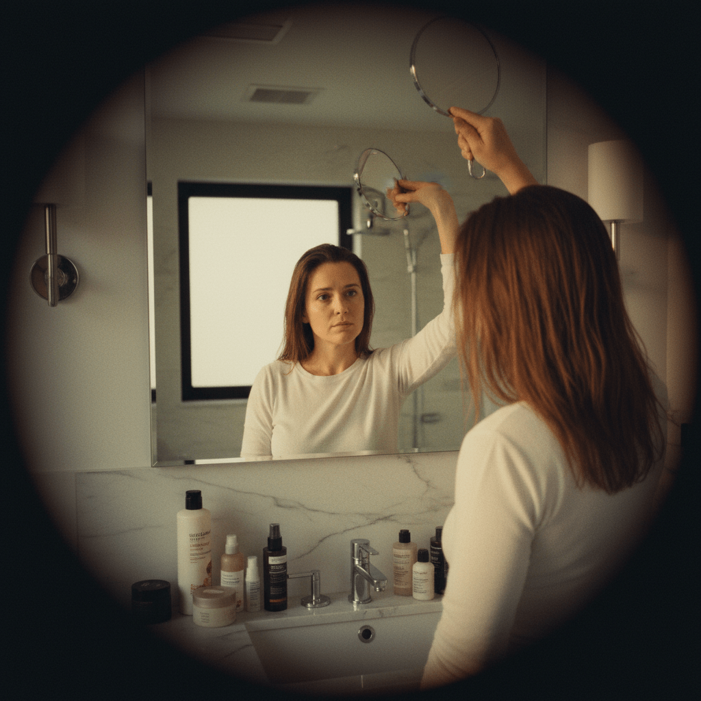 Mujer examinando su cuero cabelludo graso en el espejo del baño, mostrando los síntomas de acumulación capilar