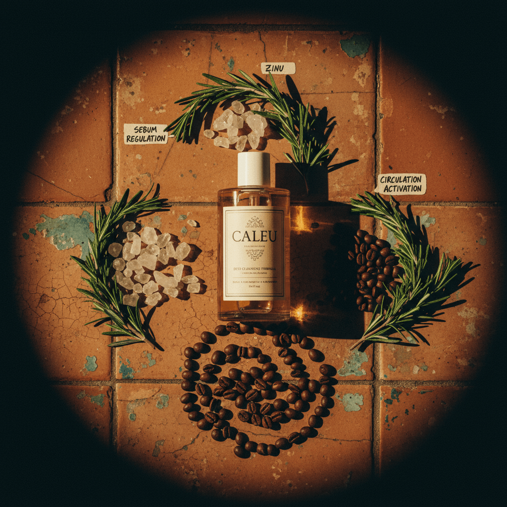 Champú Ritual Al-Ándalus de Caleu con romero, zinc y cafeína sobre azulejos andalusíes