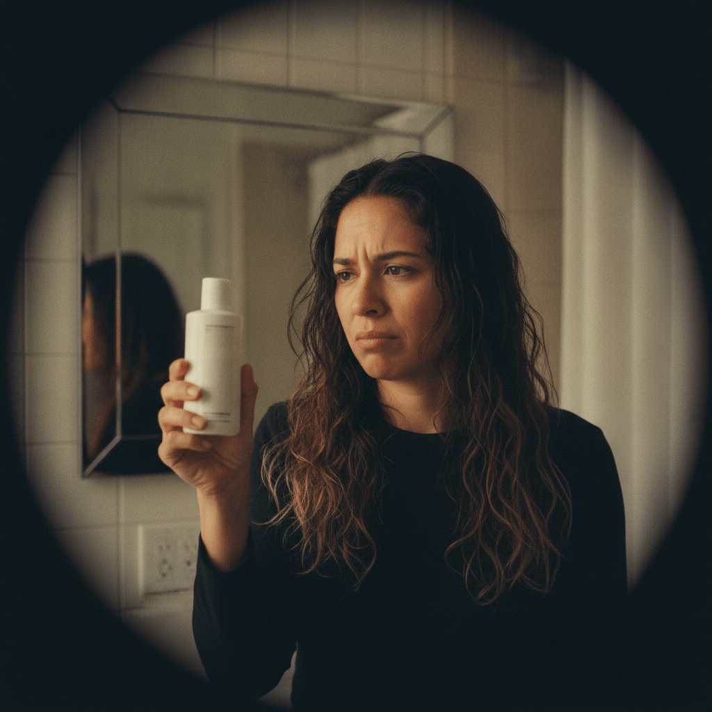 Mujer frustrada con aceite capilar que no funciona