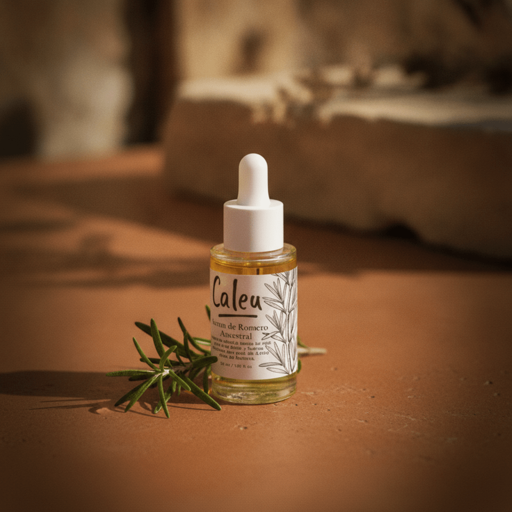 Aceite de Romero Ancestral Caleu con romero fresco en superficie mediterránea