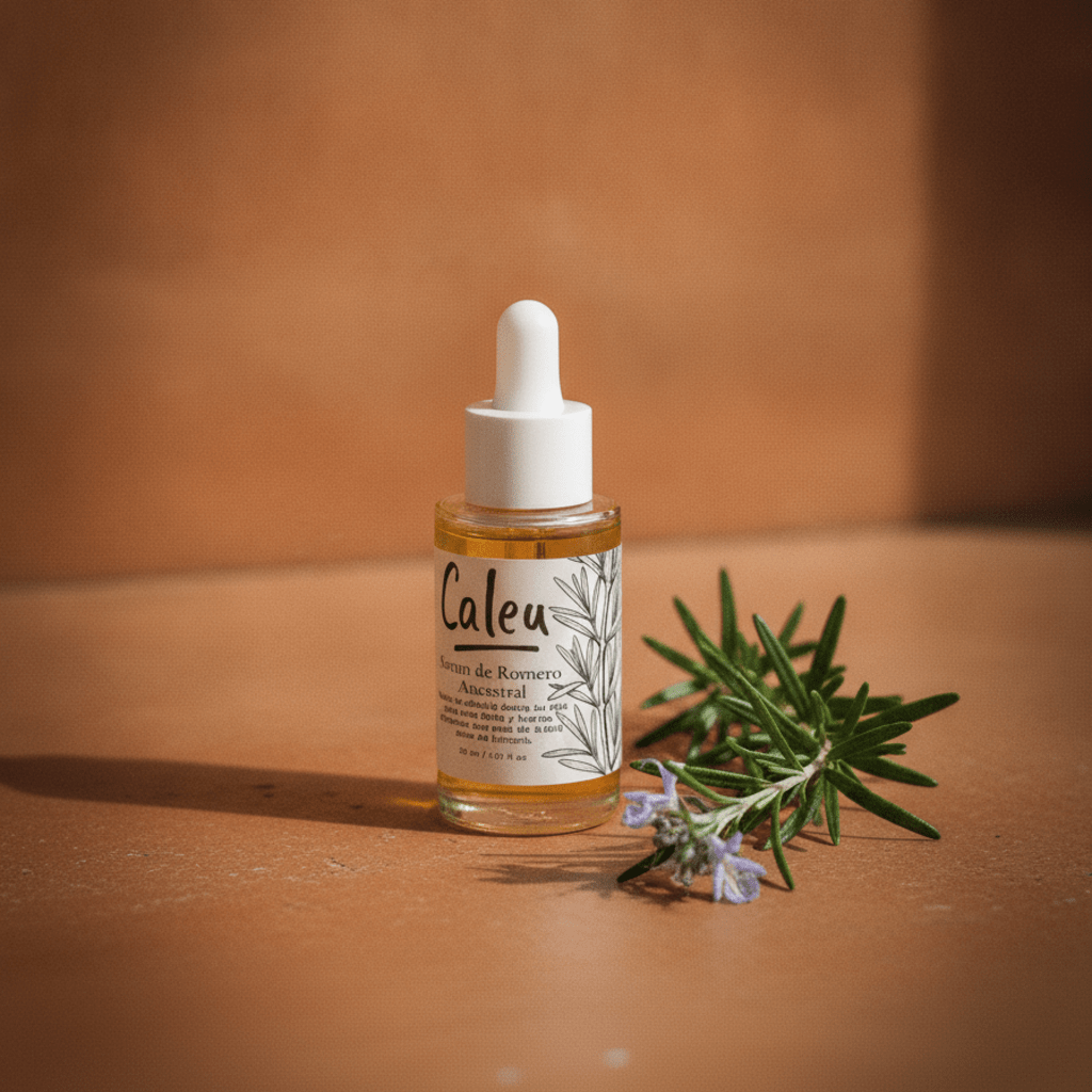 Aceite de Romero Ancestral Caleu con romero fresco en superficie mediterránea