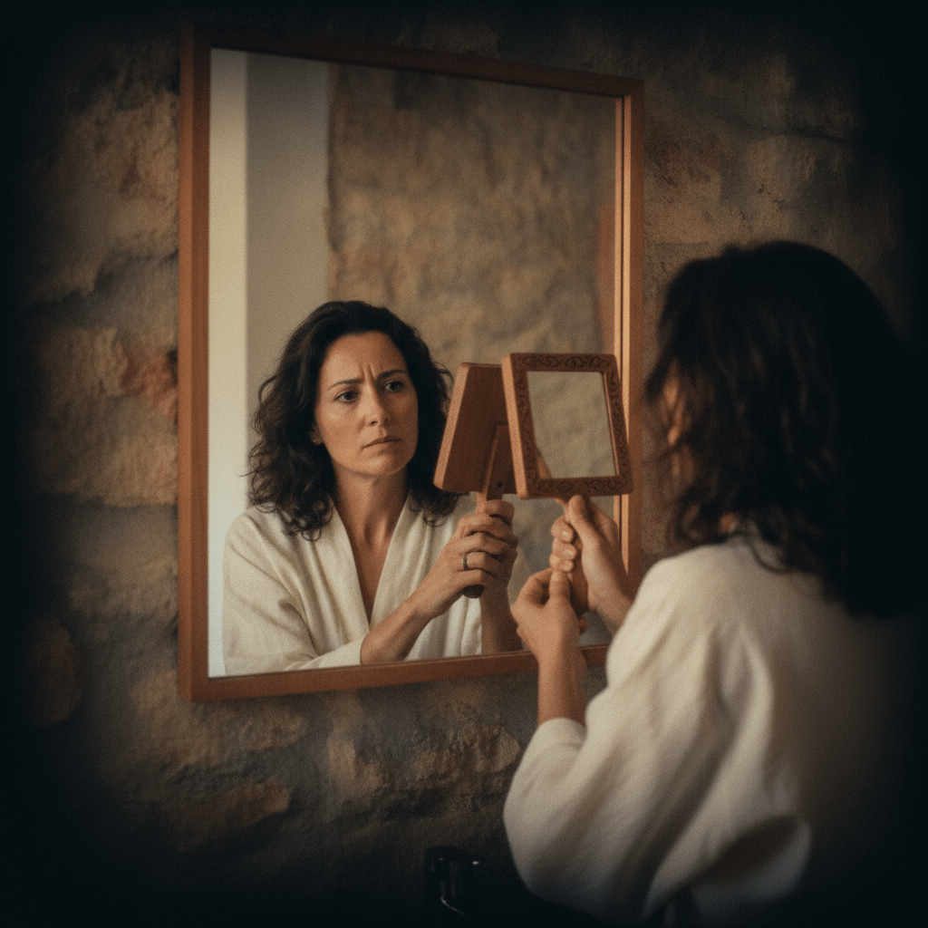 Mujer española examinando la densidad de su cabello en el espejo del baño