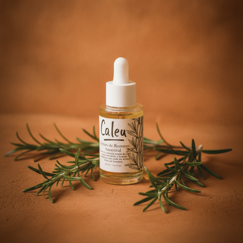 Aceite de Romero Ancestral de Caleu con romero fresco sobre superficie mediterránea