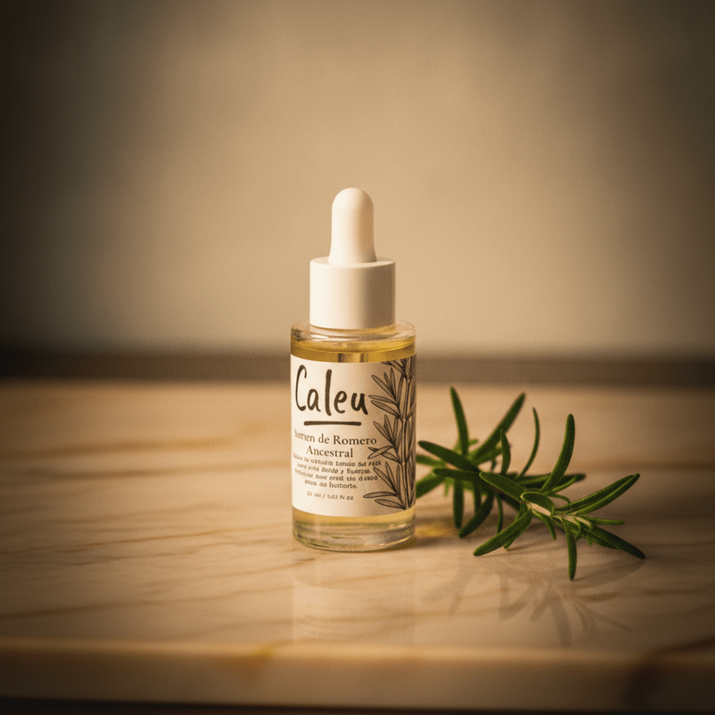 Aceite de Romero Ancestral Caleu con romero fresco en mármol mediterráneo