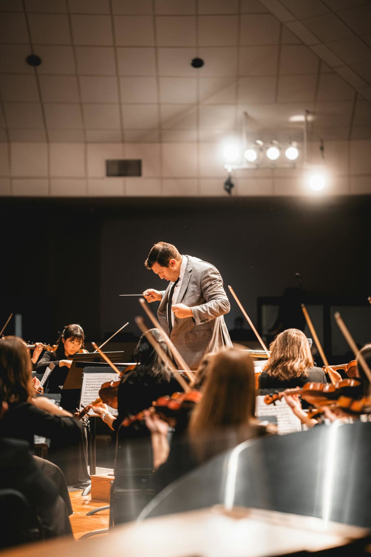 Conductor leading string players during an orchestral rehearsal