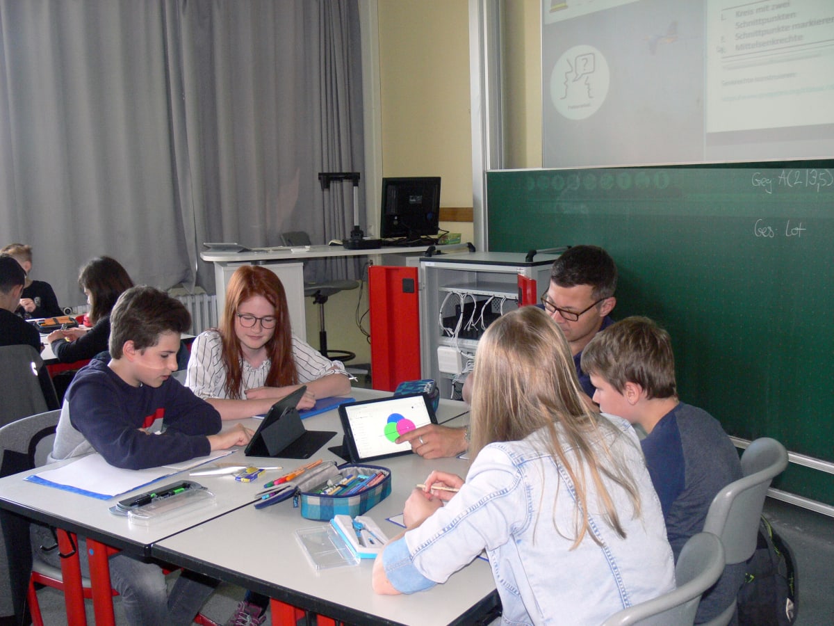 Students and a teacher using tablets in a classroom workflow