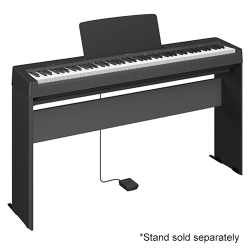 Yamaha P-145BT portable digital piano shown with its optional furniture stand